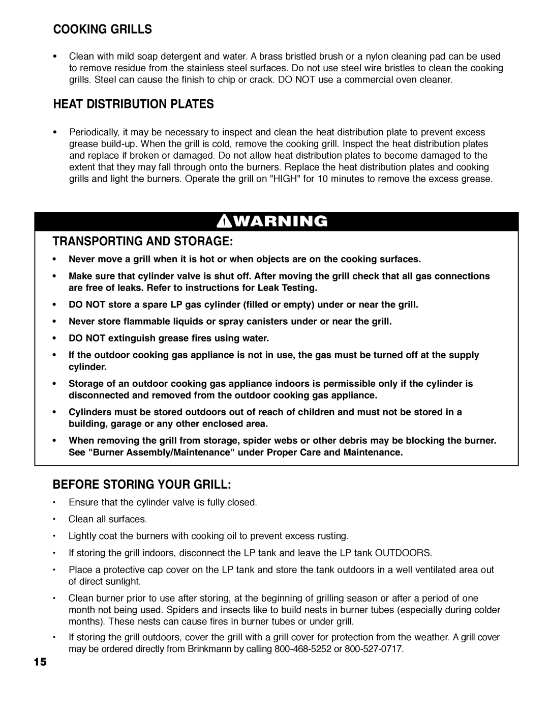 Brinkmann 2400 owner manual Cooking Grills, Heat Distribution Plates, Transporting and Storage, Before Storing Your Grill 