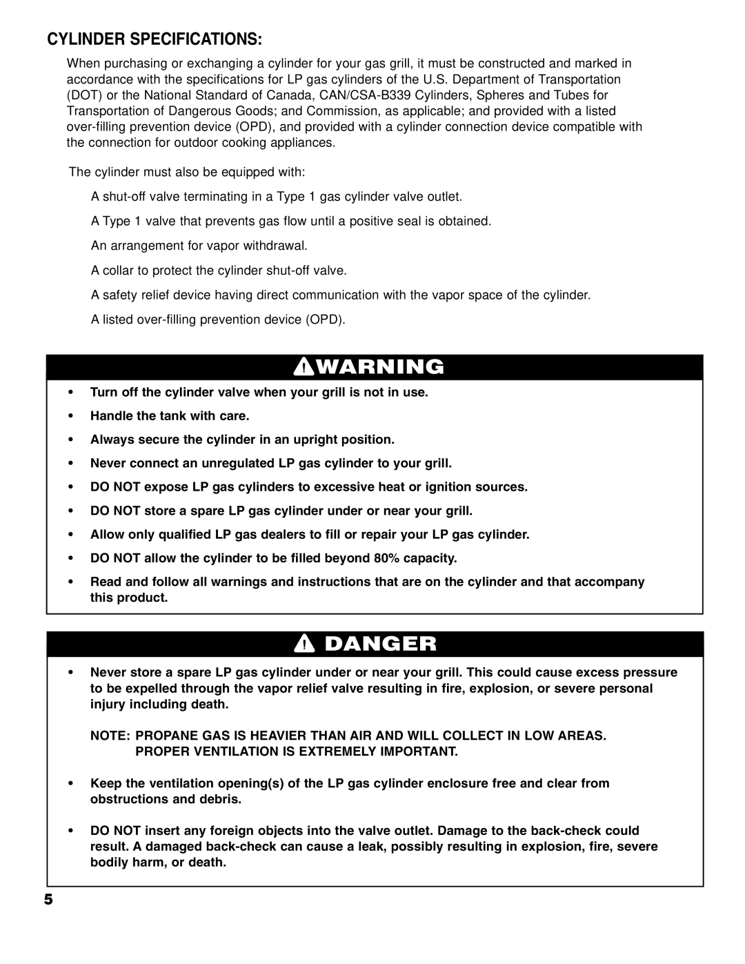 Brinkmann 2400 owner manual Cylinder Specifications 