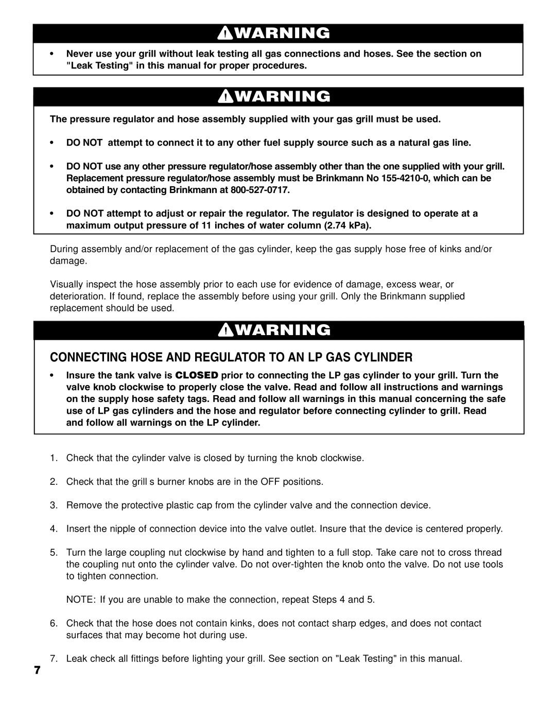 Brinkmann 2400 owner manual Connecting Hose and Regulator to AN LP GAS Cylinder 