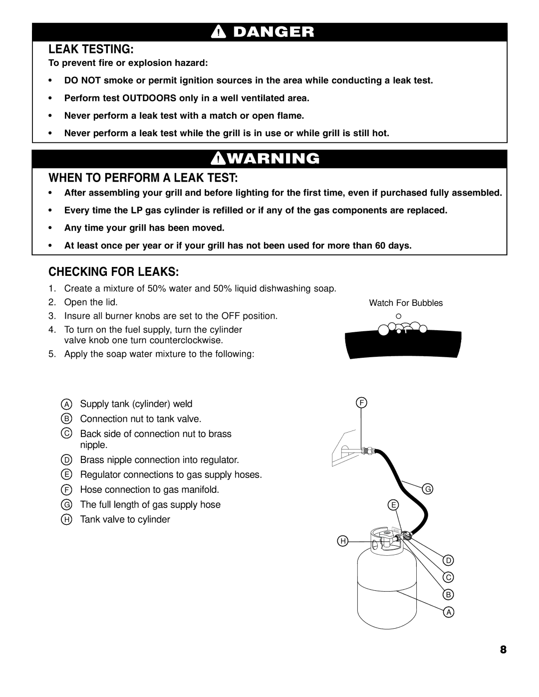 Brinkmann 2400 owner manual Leak Testing, When to Perform a Leak Test, Checking for Leaks 