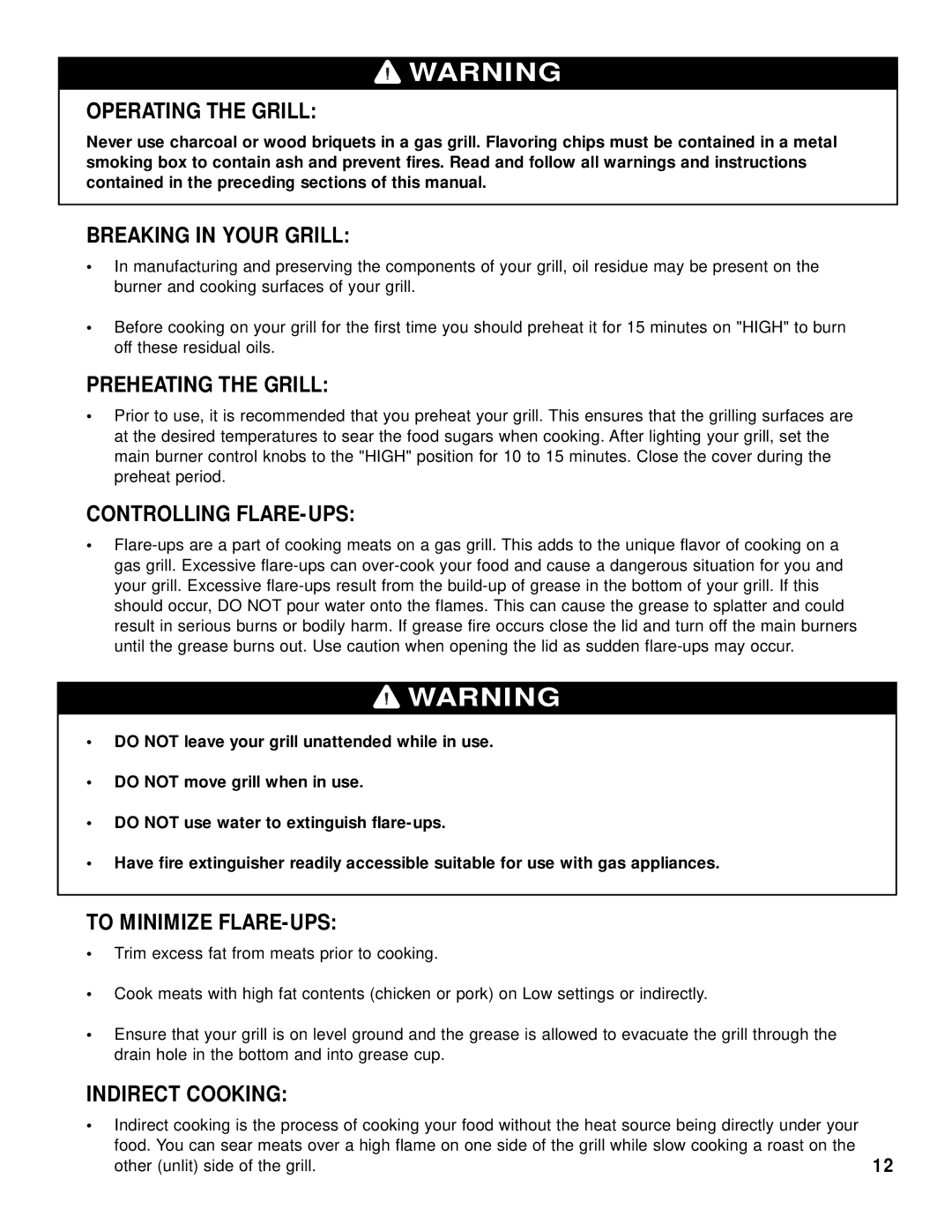 Brinkmann 2415 Operating the Grill, Breaking in Your Grill, Preheating the Grill, Controlling FLARE-UPS, Indirect Cooking 