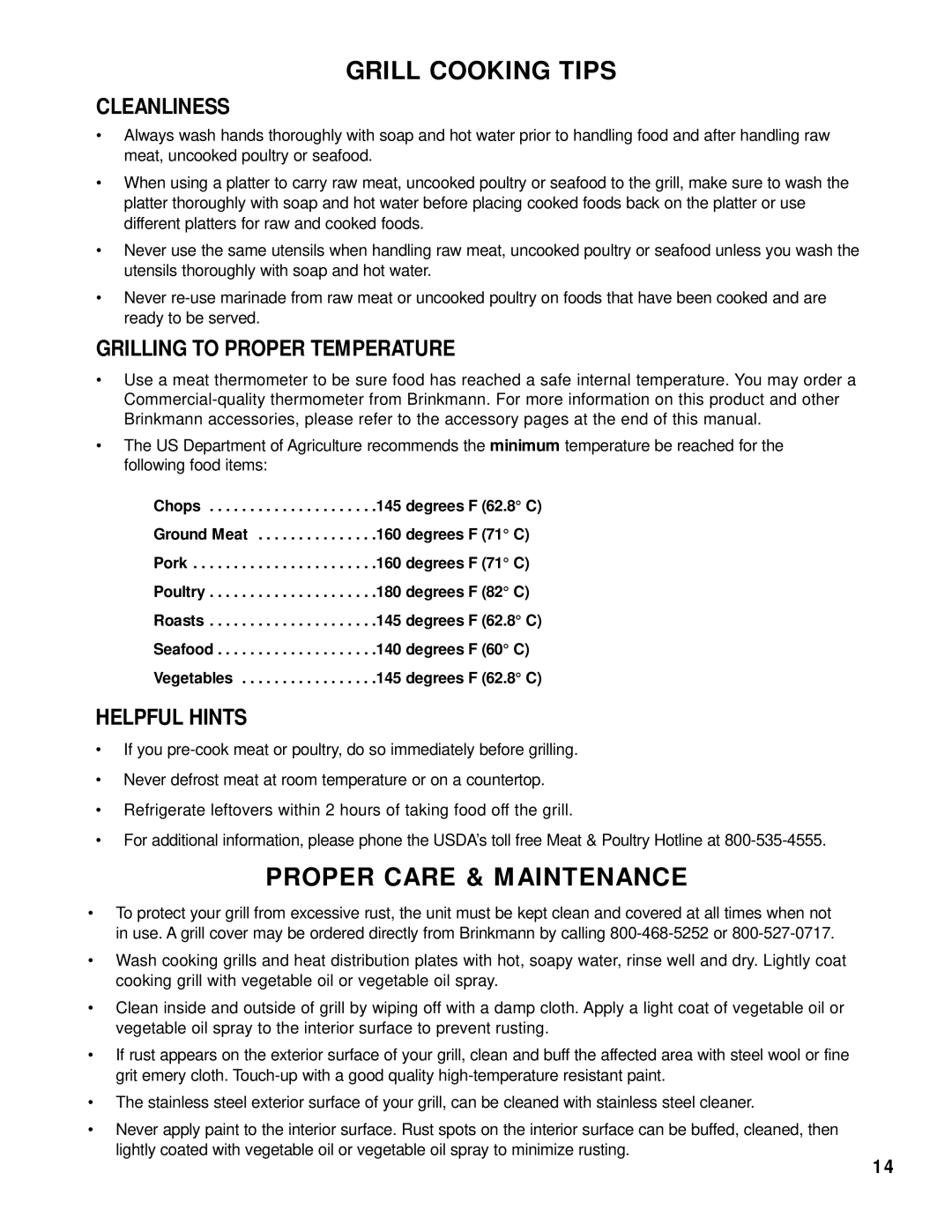 Brinkmann 2415 owner manual Cleanliness, Grilling to Proper Temperature, Helpful Hints 