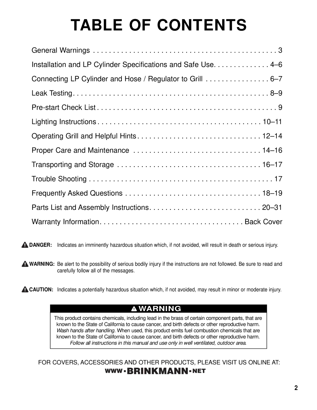 Brinkmann 2415 owner manual Table of Contents 