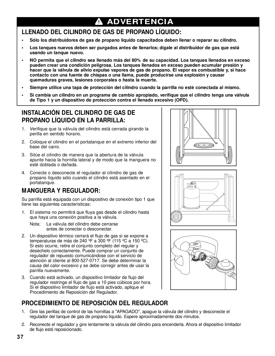 Brinkmann 2415 owner manual Llenado DEL Cilindro DE GAS DE Propano Líquido, Manguera Y Regulador 