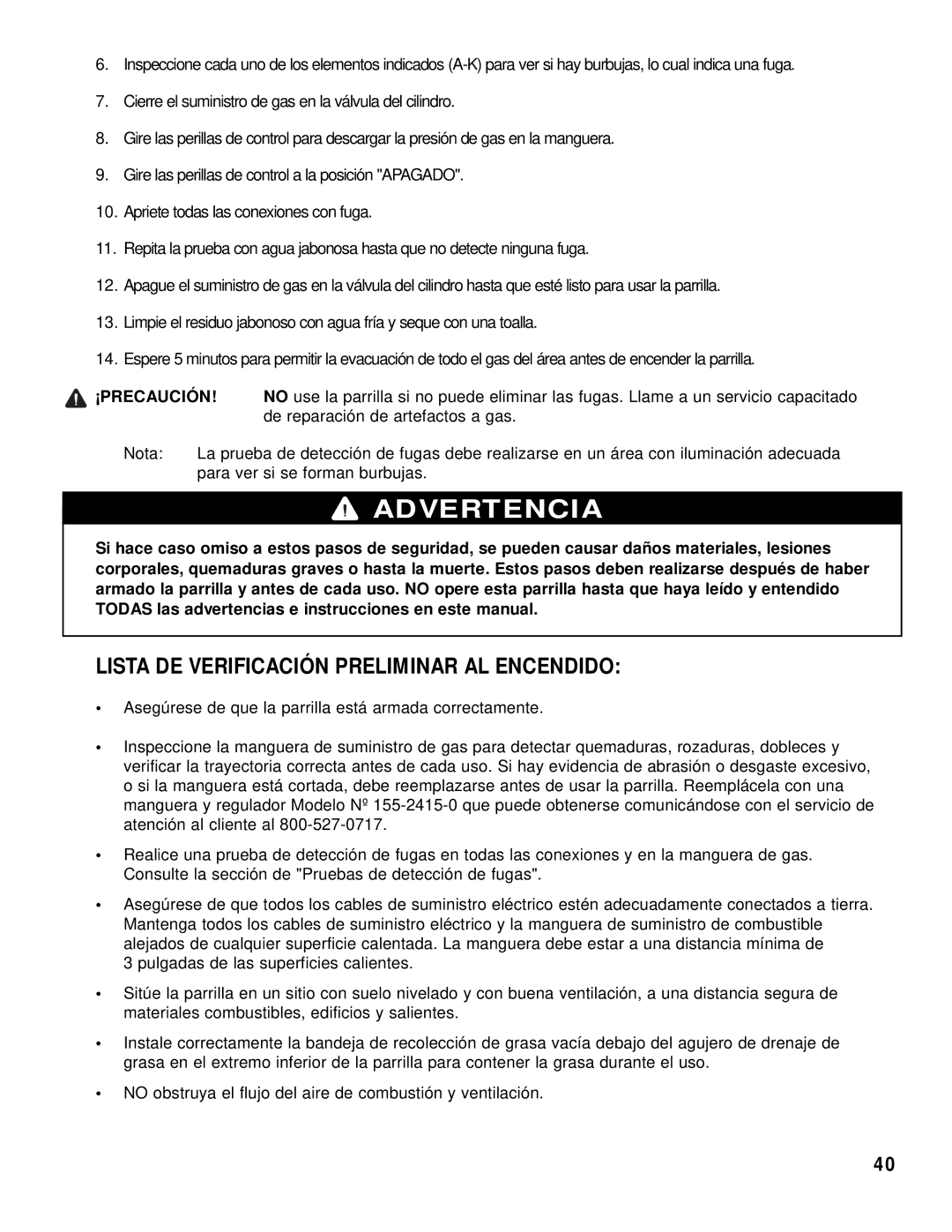 Brinkmann 2415 owner manual Lista DE Verificación Preliminar AL Encendido, ¡Precaución 