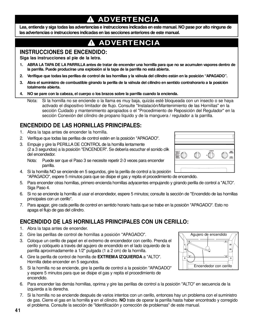 Brinkmann 2415 owner manual Instrucciones DE Encendido, Encendido DE LAS Hornillas Principales 