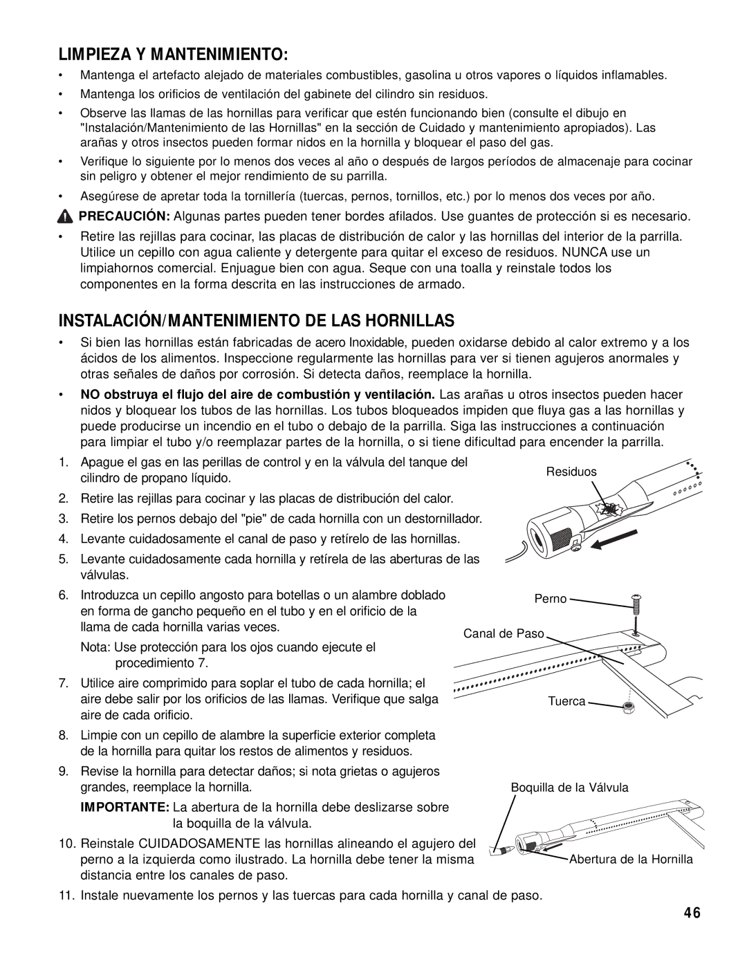 Brinkmann 2415 owner manual Limpieza Y Mantenimiento, INSTALACIÓN/MANTENIMIENTO DE LAS Hornillas 