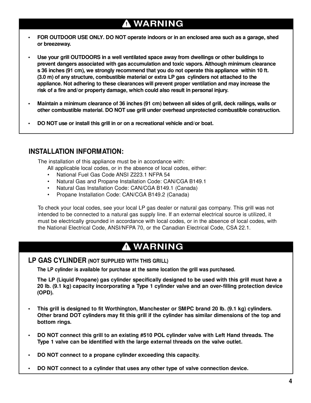 Brinkmann 2415 owner manual Installation Information, LP GAS Cylinder not Supplied with this Grill 