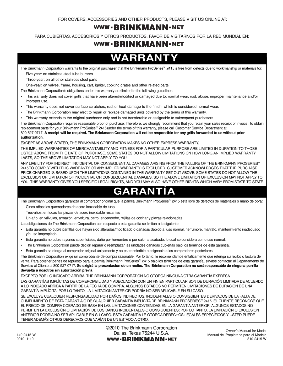 Brinkmann 2415 owner manual Warranty 