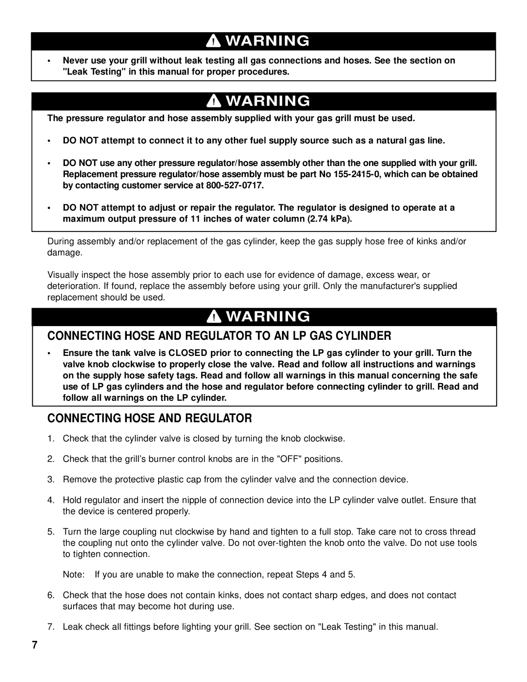 Brinkmann 2415 owner manual Connecting Hose and Regulator to AN LP GAS Cylinder 