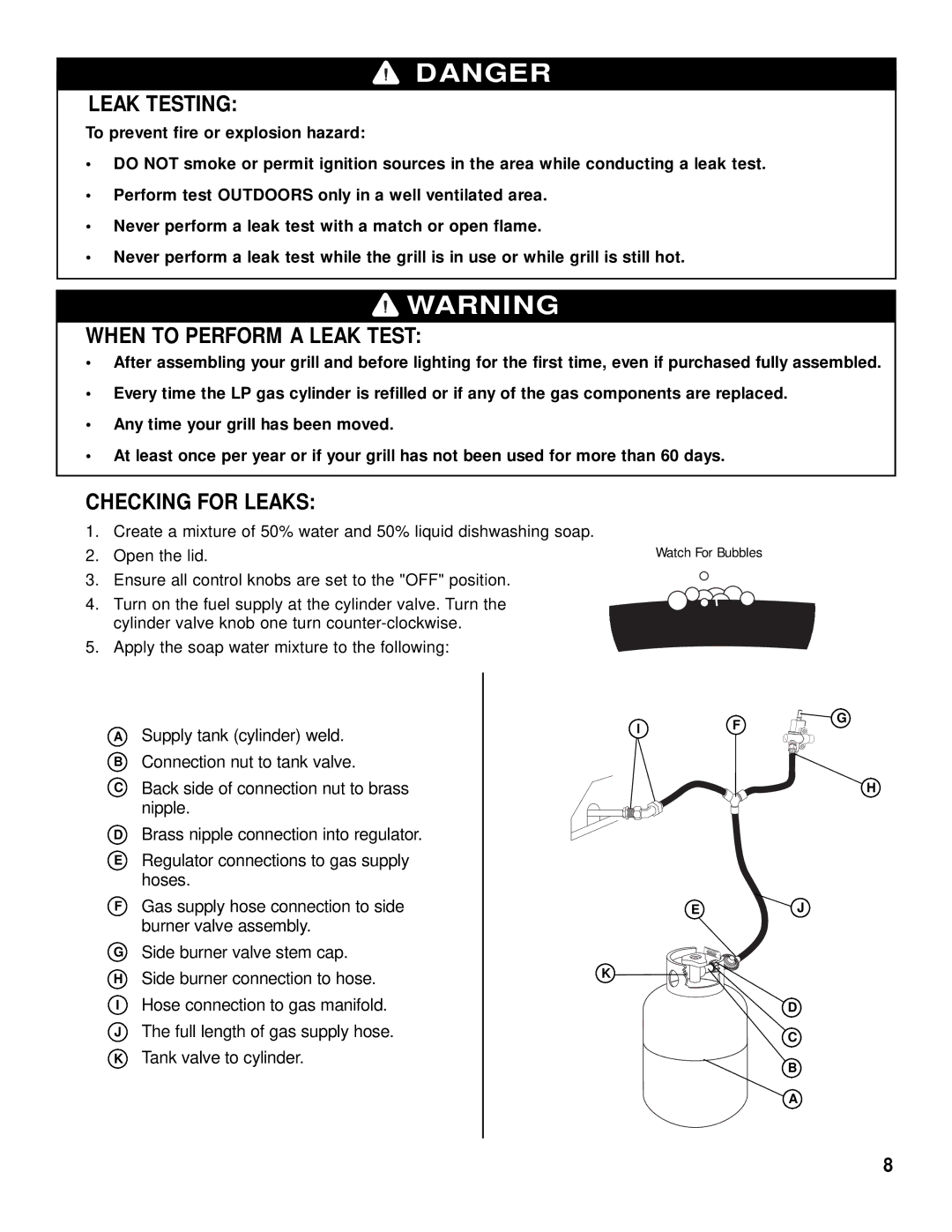 Brinkmann 2415 owner manual Leak Testing, When to Perform a Leak Test, Checking for Leaks 