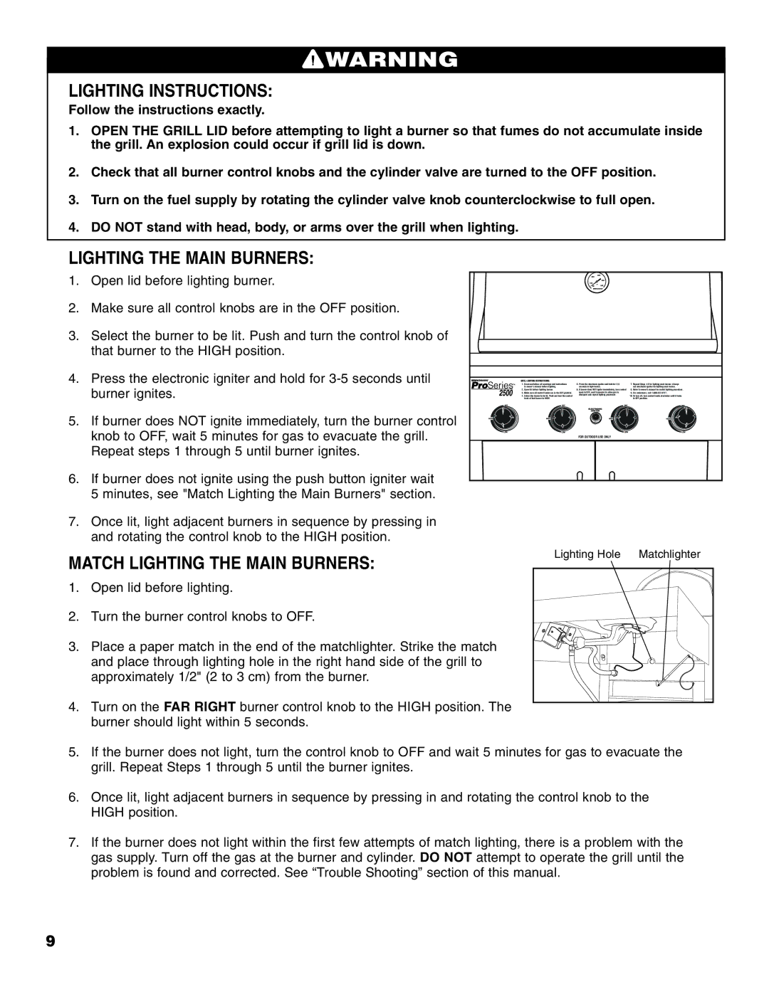 Brinkmann 2500 owner manual Lighting Instructions, Match Lighting the Main Burners 