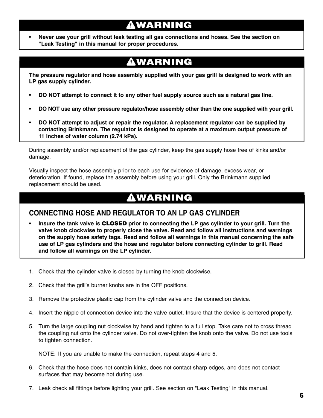Brinkmann 2500 owner manual Connecting Hose and Regulator to AN LP GAS Cylinder 