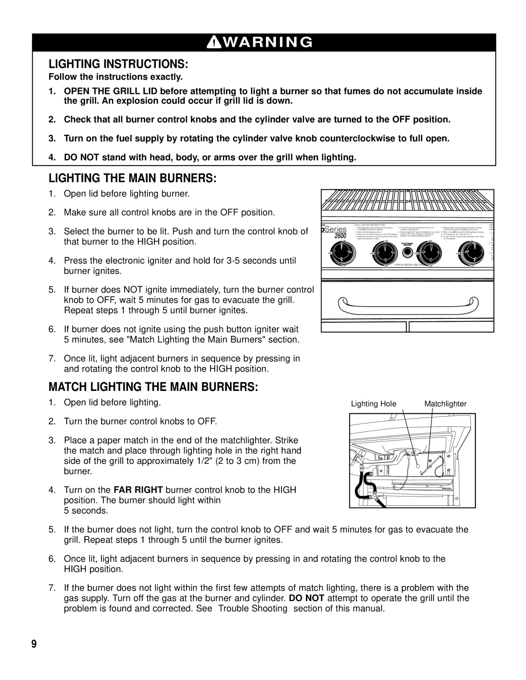 Brinkmann 2600 Series owner manual Lighting Instructions, Match Lighting the Main Burners 