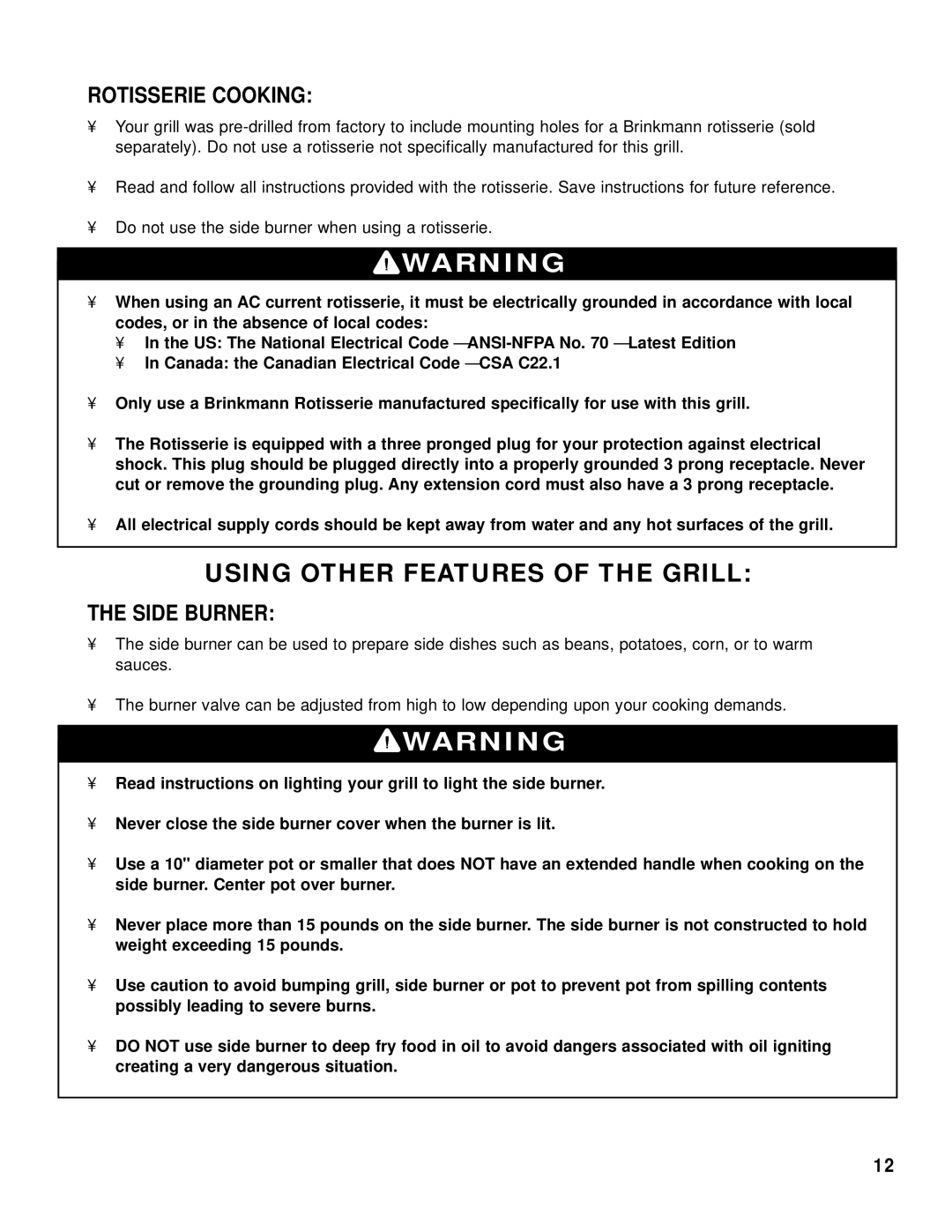 Brinkmann 2600 Series owner manual Rotisserie Cooking, Side Burner 