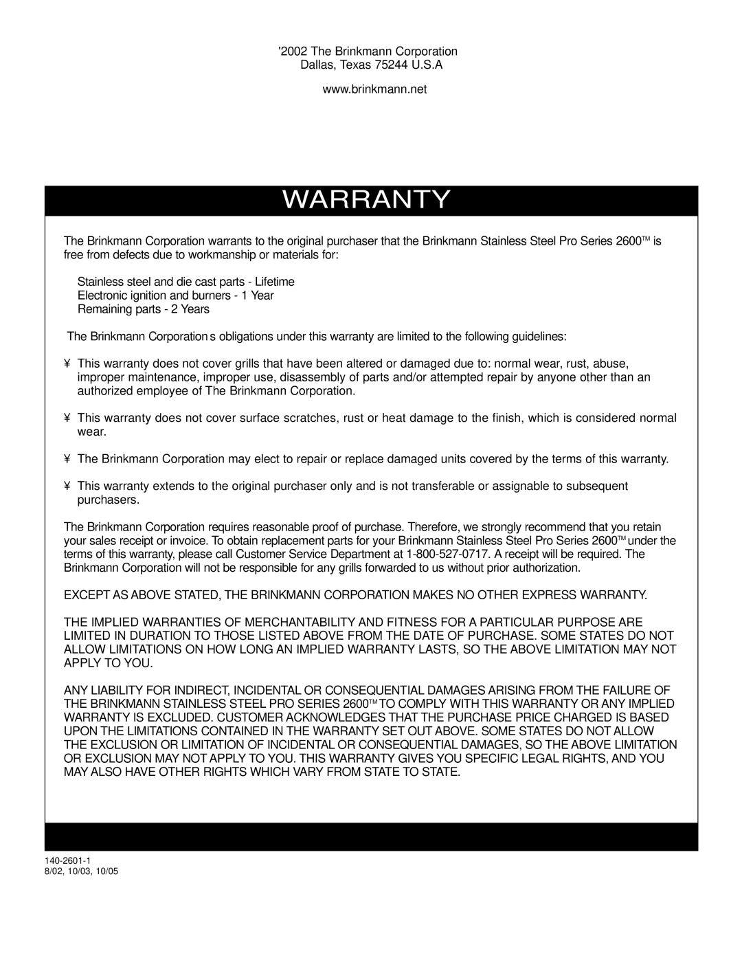 Brinkmann 2600 Series owner manual Warranty 