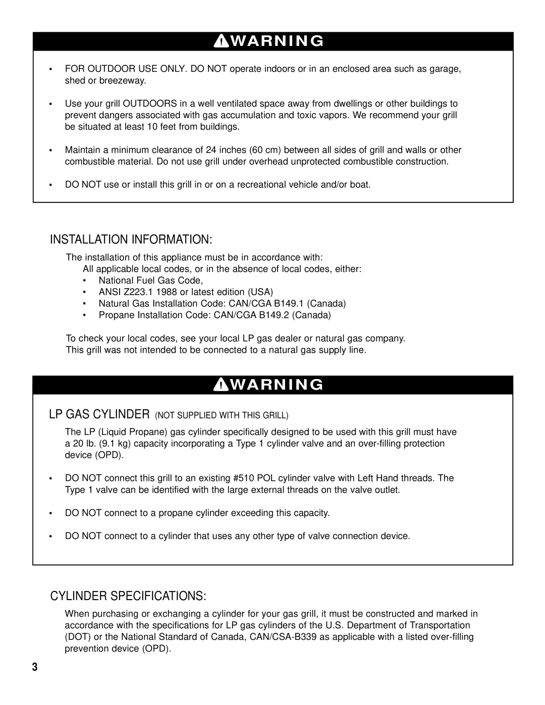 Brinkmann 2600 Series owner manual Installation Information, Cylinder Specifications 