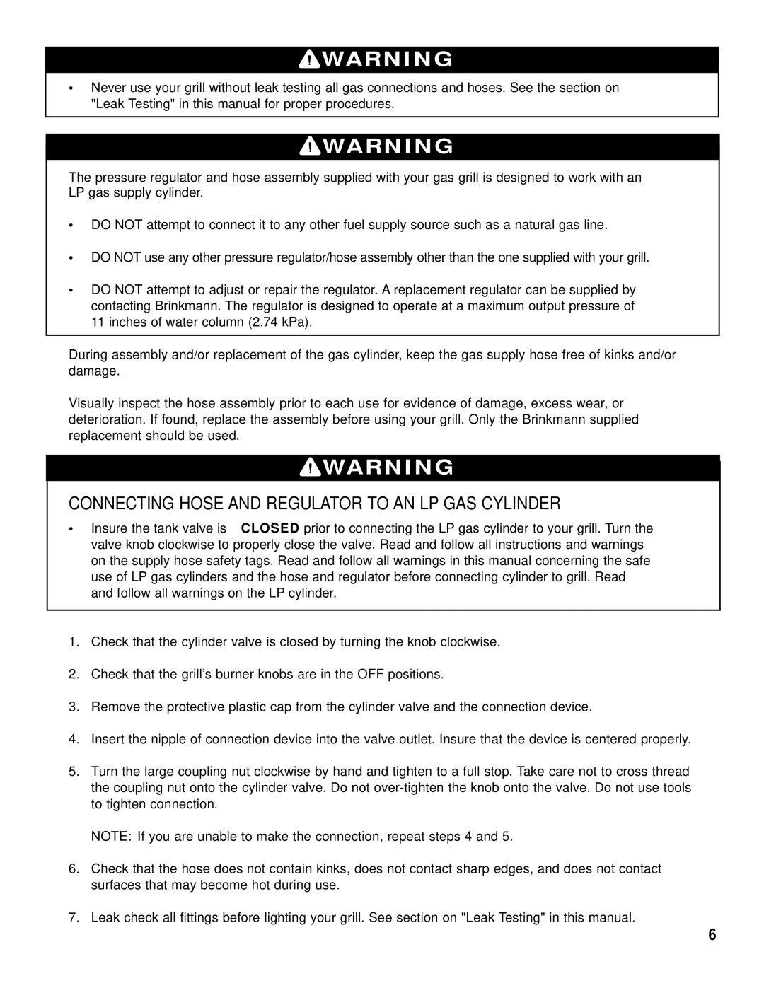 Brinkmann 2600 Series owner manual Connecting Hose and Regulator to AN LP GAS Cylinder 