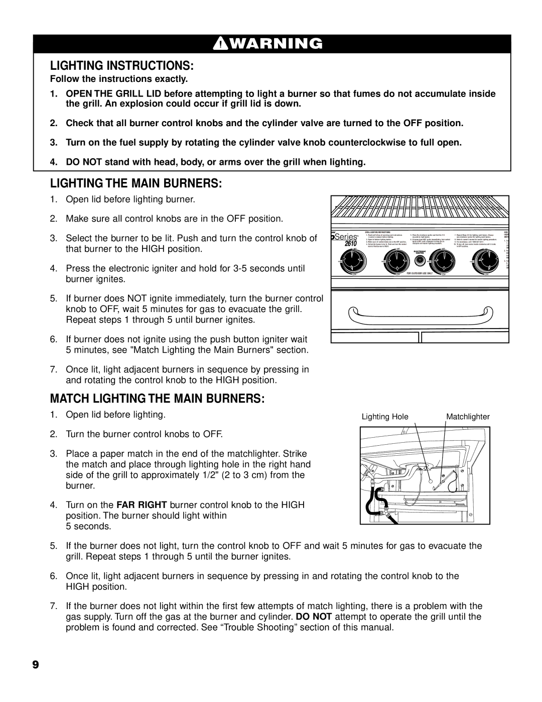 Brinkmann 2610 Series owner manual Lighting Instructions, Match Lighting the Main Burners 