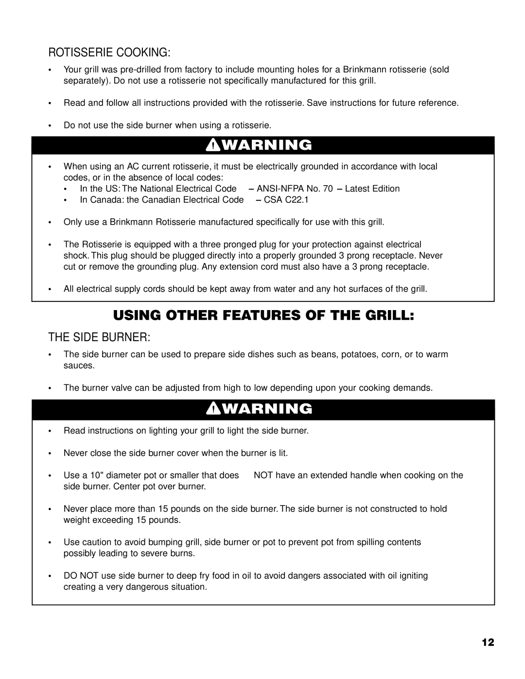 Brinkmann 2610 Series owner manual Rotisserie Cooking, Side Burner 