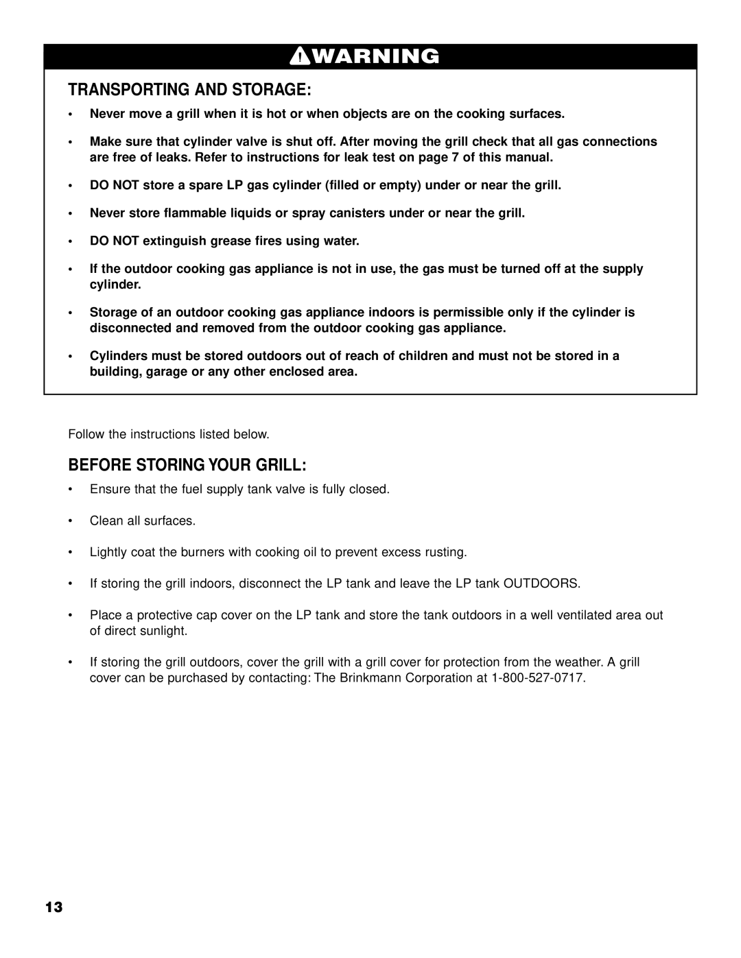 Brinkmann 2610 Series owner manual Transporting and Storage, Before Storing Your Grill 