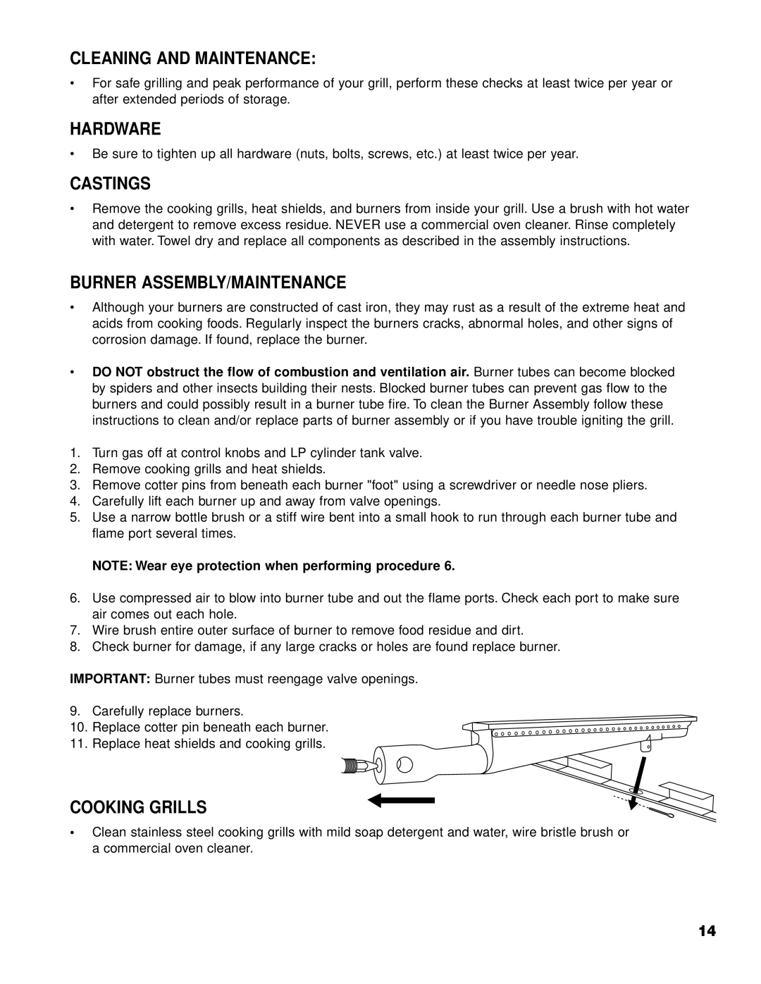 Brinkmann 2610 Series Cleaning and Maintenance, Hardware, Castings, Burner ASSEMBLY/MAINTENANCE, Cooking Grills 