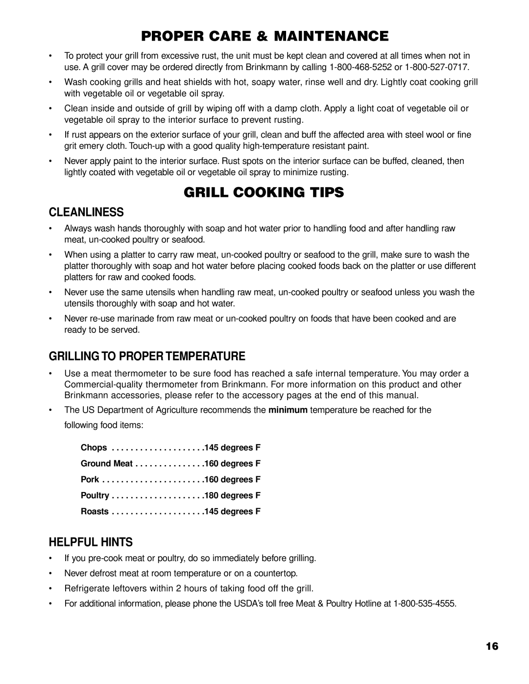 Brinkmann 2610 Series owner manual Cleanliness, Grilling to Proper Temperature, Helpful Hints 