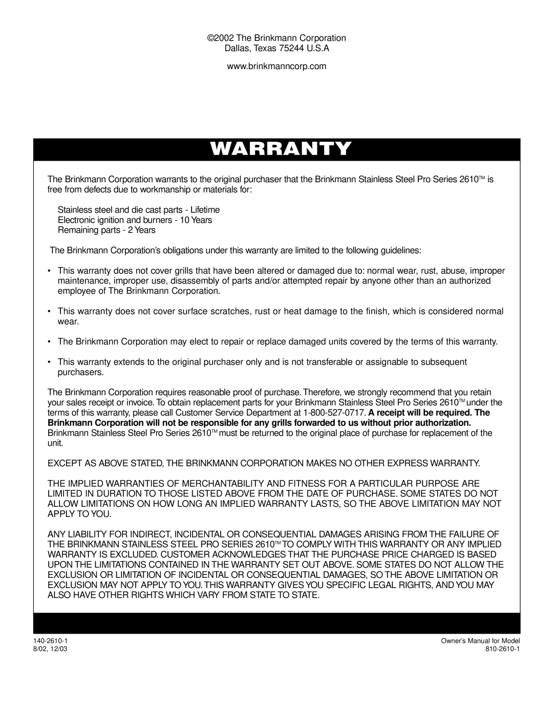 Brinkmann 2610 Series owner manual Warranty 