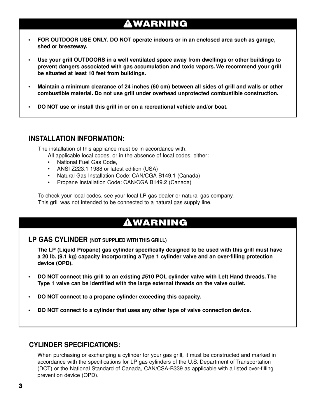 Brinkmann 2610 Series owner manual Installation Information, Cylinder Specifications 