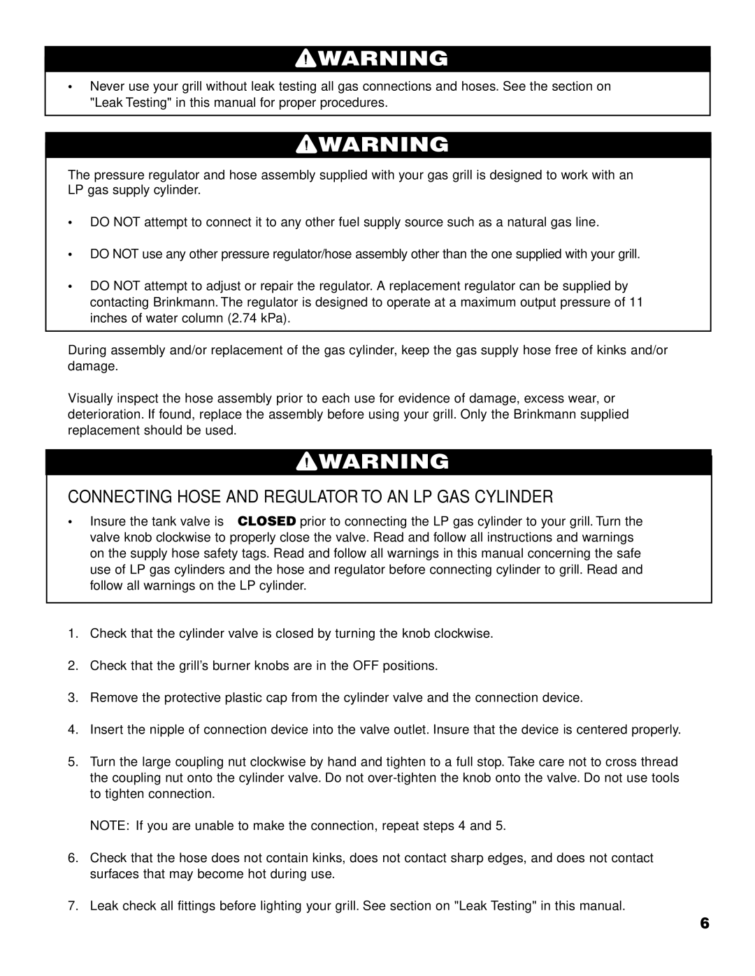 Brinkmann 2610 Series owner manual Connecting Hose and Regulator to AN LP GAS Cylinder 
