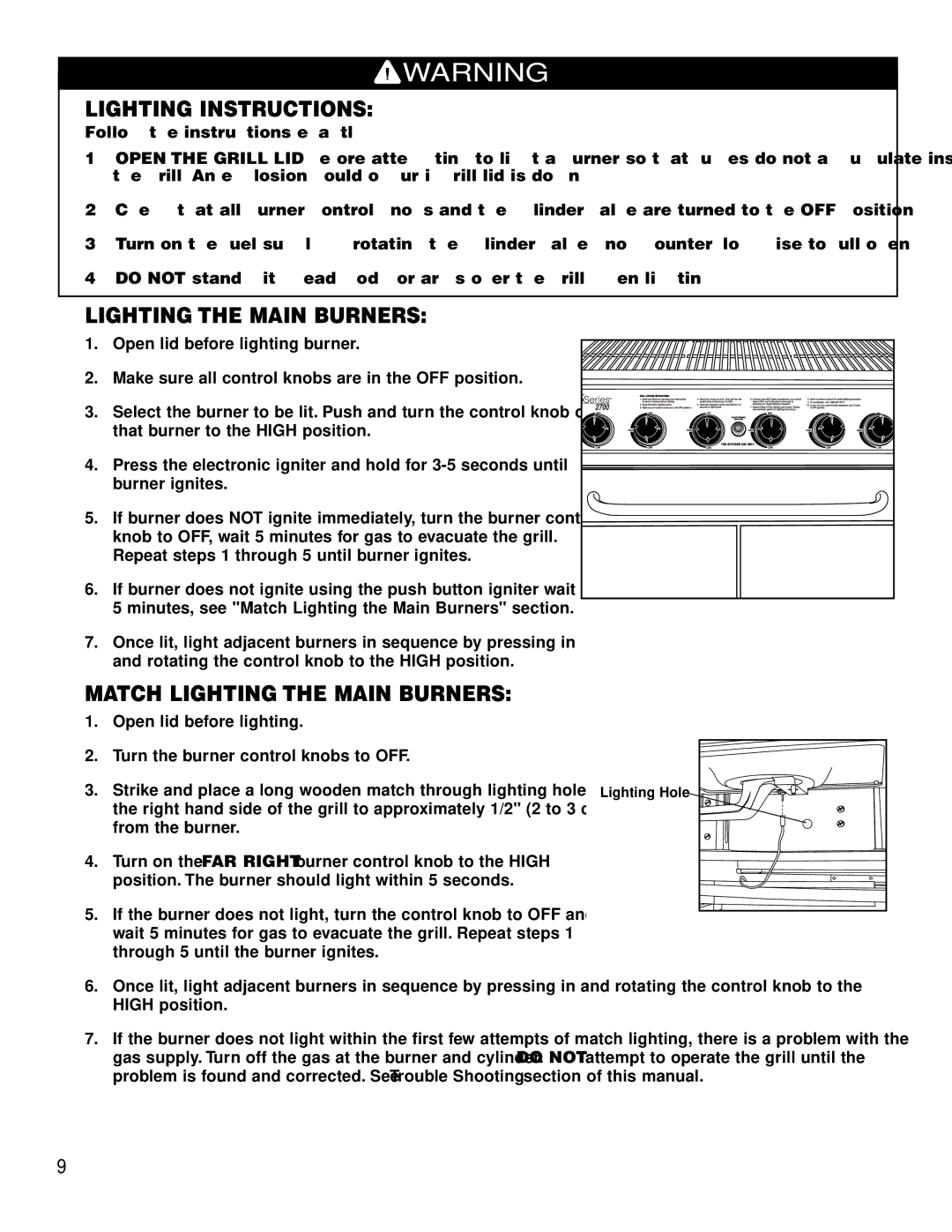 Brinkmann 2700 owner manual Lighting Instructions, Match Lighting the Main Burners 