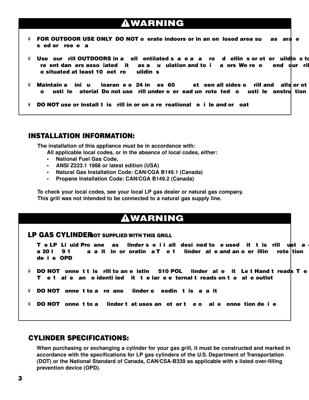 Brinkmann 2700 owner manual Installation Information, Cylinder Specifications 