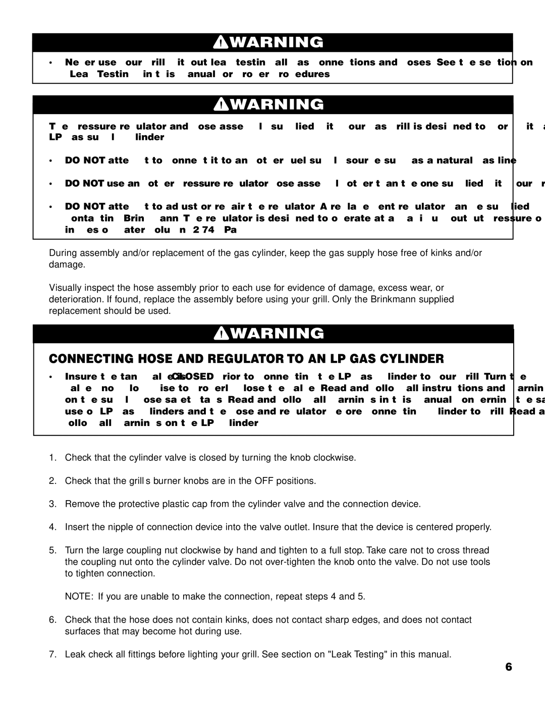 Brinkmann 2700 owner manual Connecting Hose and Regulator to AN LP GAS Cylinder 