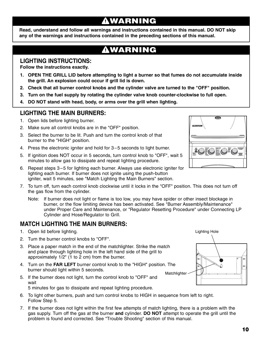 Brinkmann 4 Burner Gas Grill Grill owner manual Lighting Instructions, Match Lighting the Main Burners 