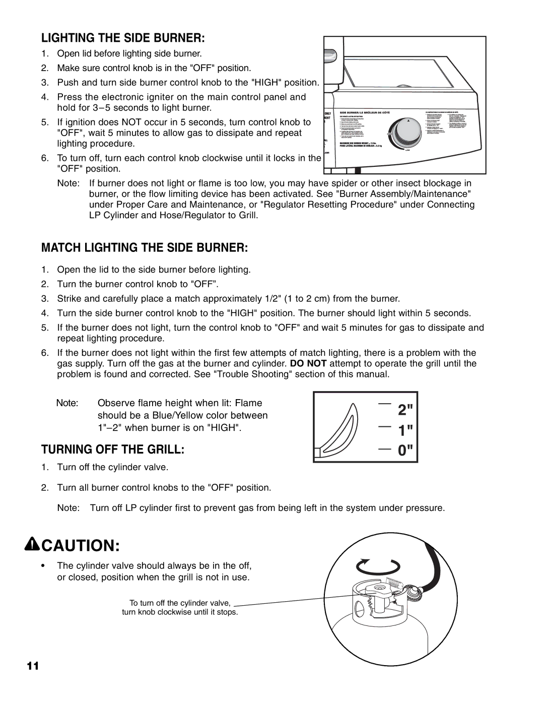 Brinkmann 4 Burner Gas Grill Grill owner manual Match Lighting the Side Burner, Turning OFF the Grill 