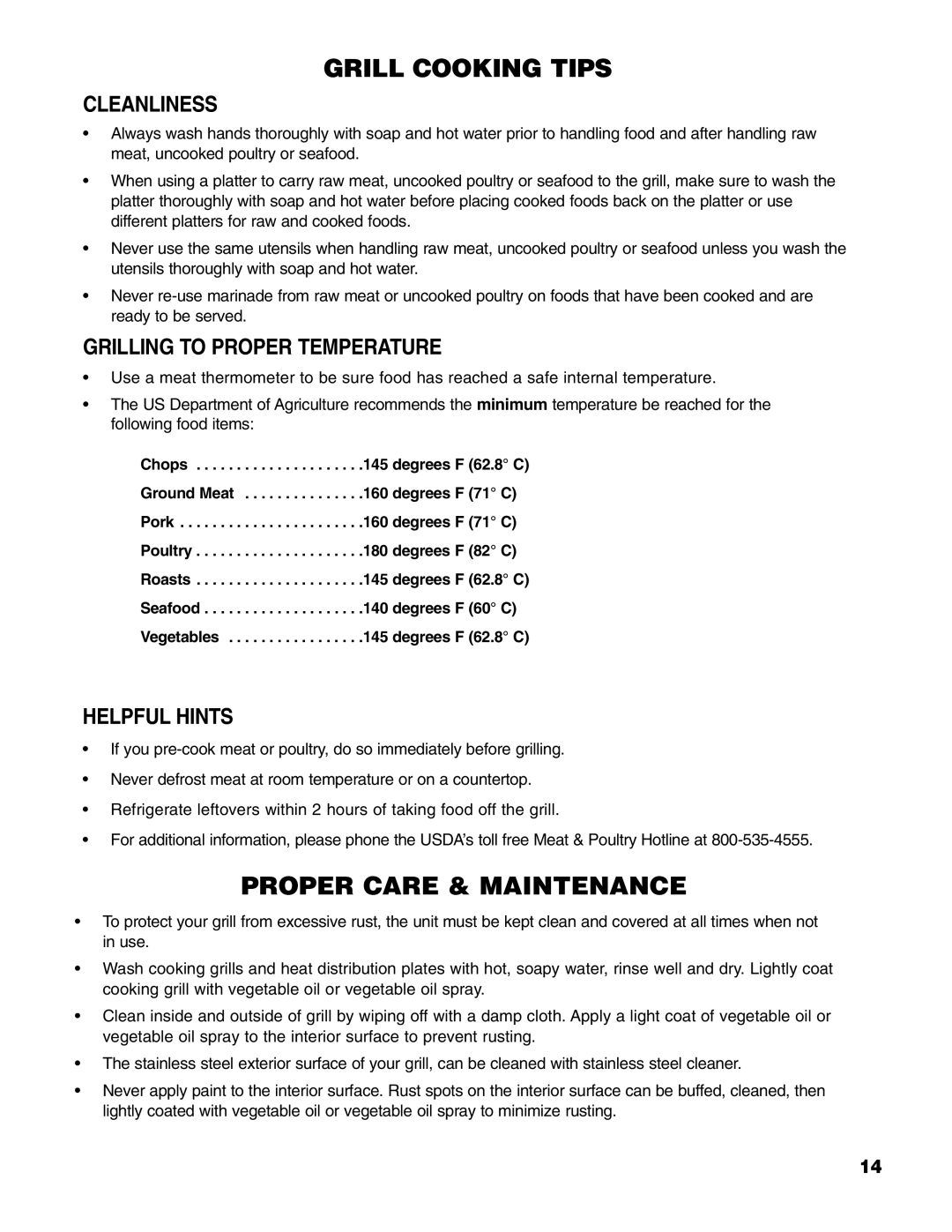 Brinkmann 4 Burner Gas Grill Grill owner manual Cleanliness, Grilling to Proper Temperature, Helpful Hints 