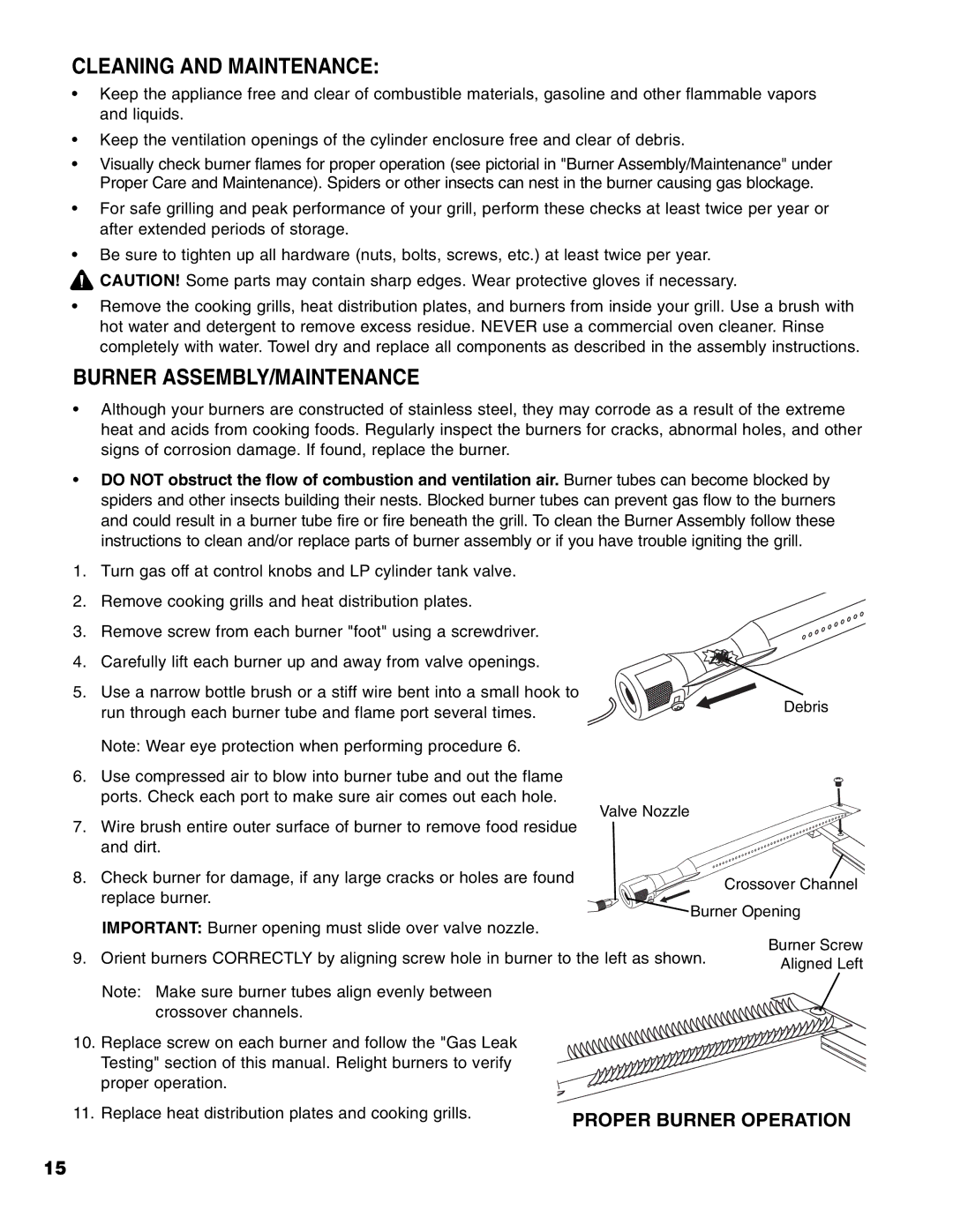 Brinkmann 4 Burner Gas Grill Grill owner manual Cleaning and Maintenance, Burner ASSEMBLY/MAINTENANCE 