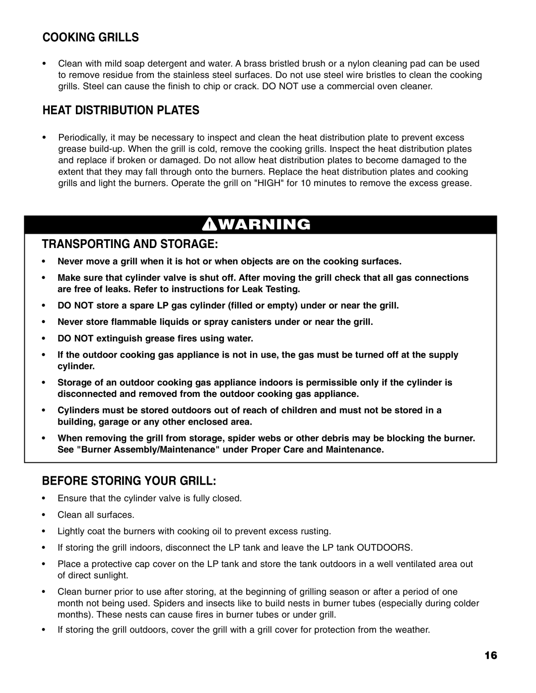 Brinkmann 4 Burner Gas Grill Grill owner manual Cooking Grills, Heat Distribution Plates, Transporting and Storage 