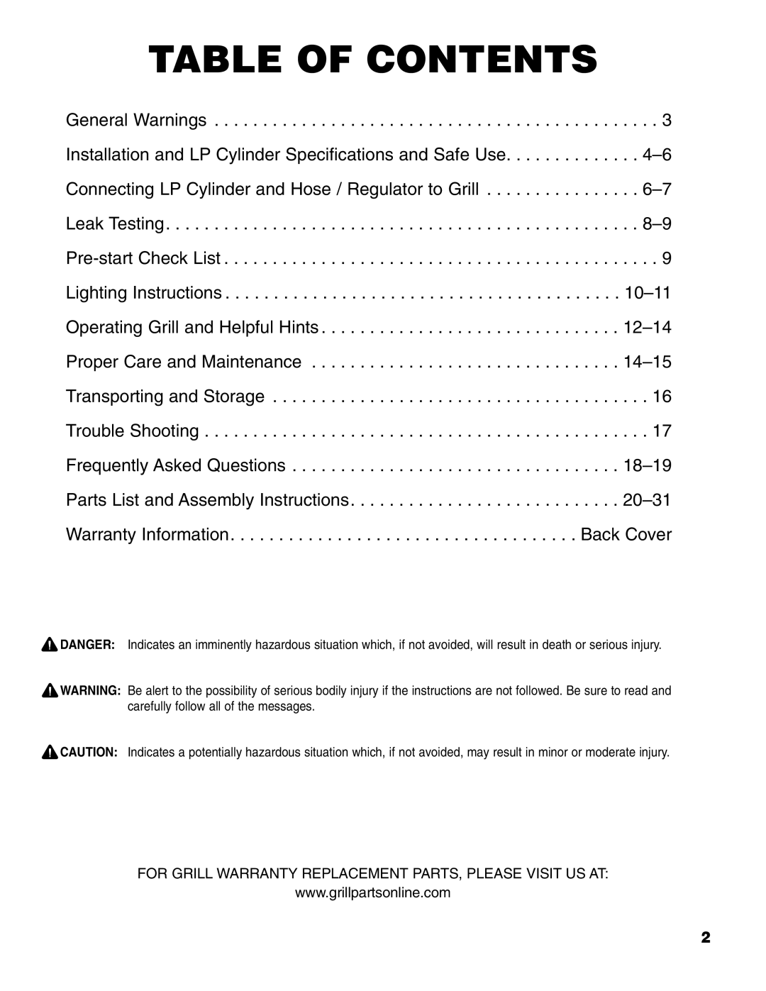 Brinkmann 4 Burner Gas Grill Grill owner manual Table of Contents 