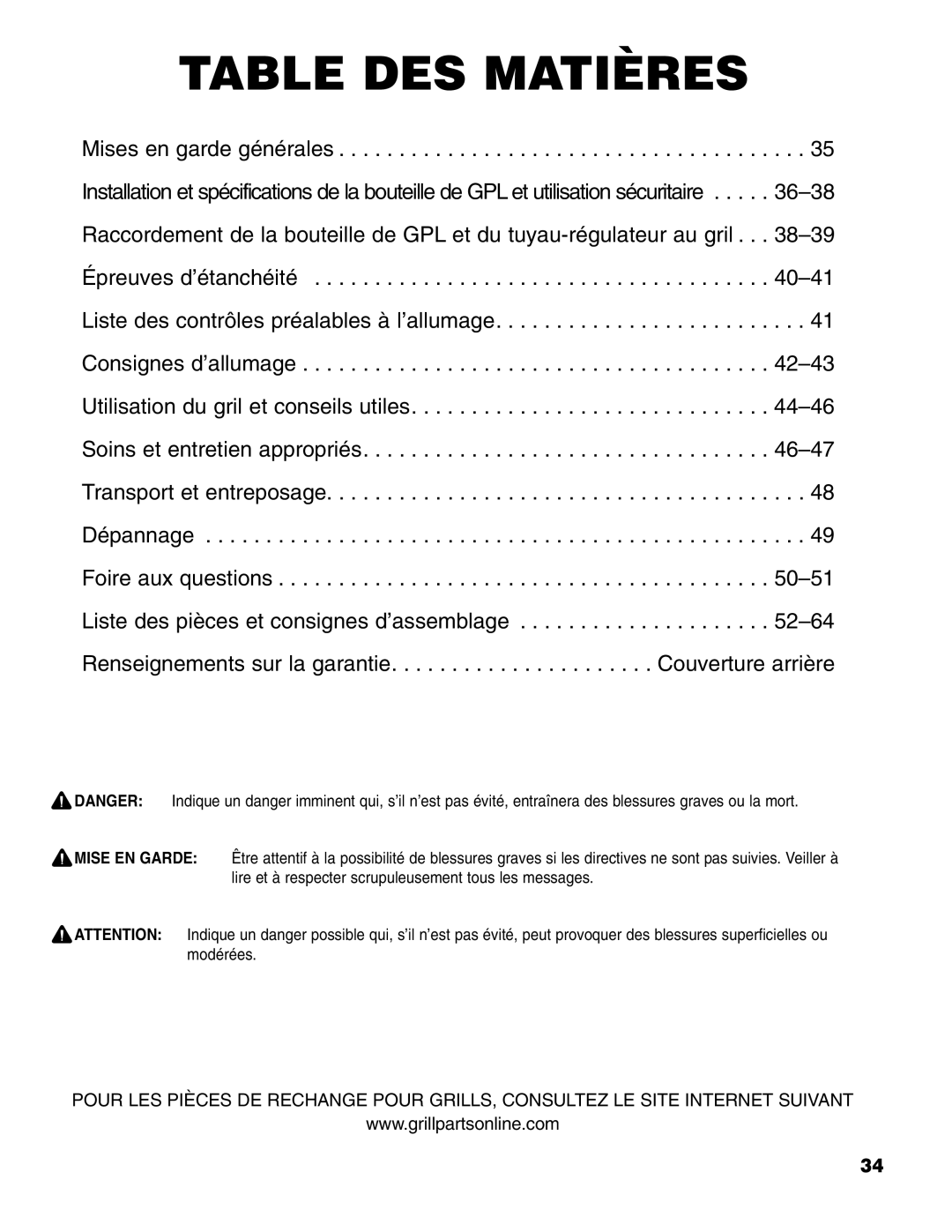 Brinkmann 4 Burner Gas Grill Grill owner manual Table DES Matières 