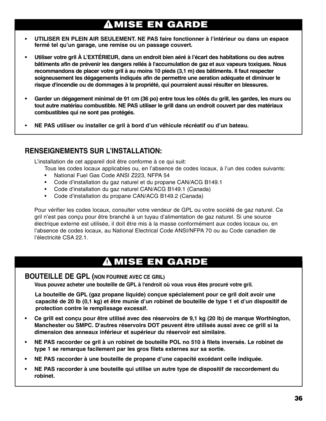 Brinkmann 4 Burner Gas Grill Grill owner manual Renseignements SUR L’INSTALLATION 