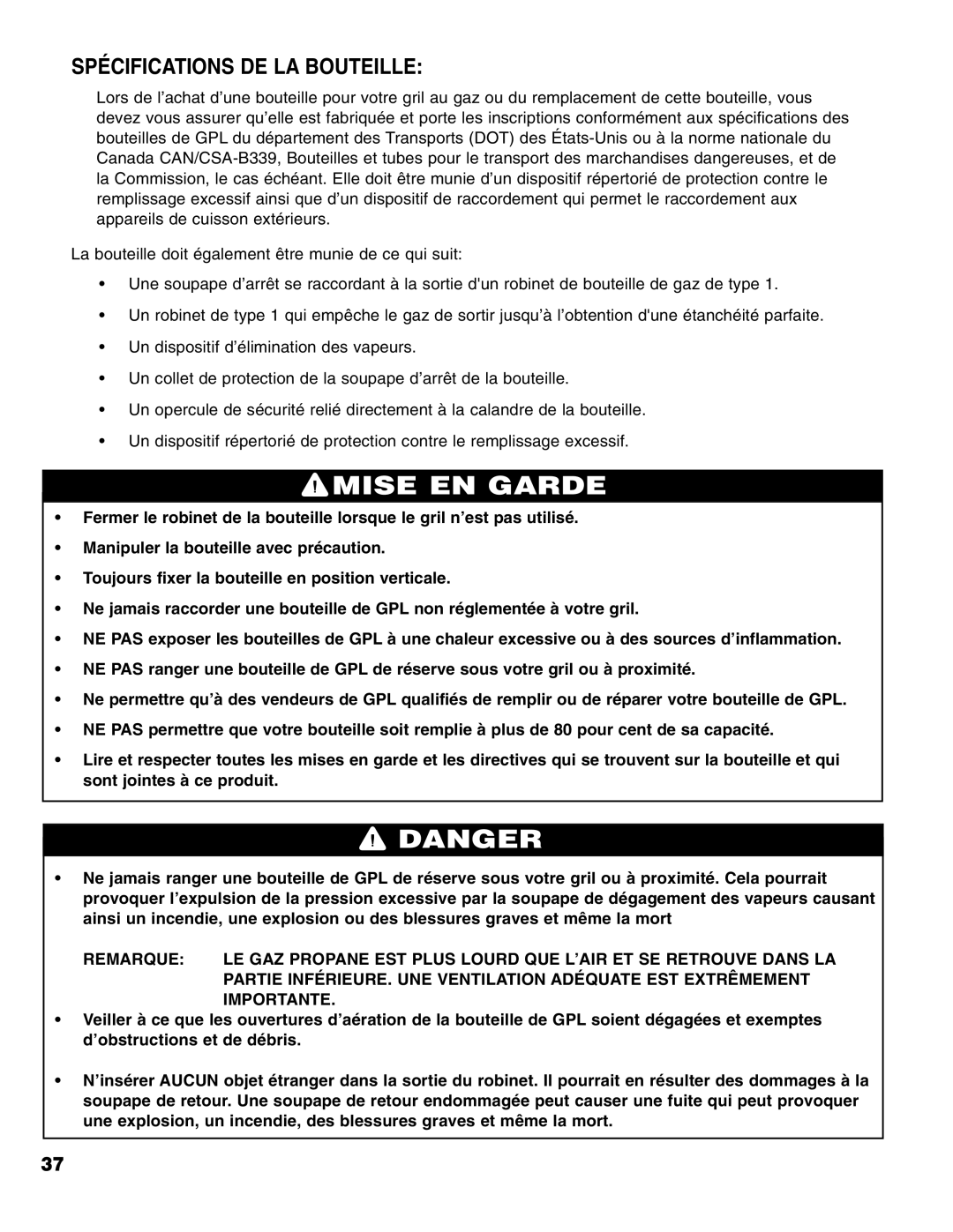 Brinkmann 4 Burner Gas Grill Grill owner manual Spécifications DE LA Bouteille 