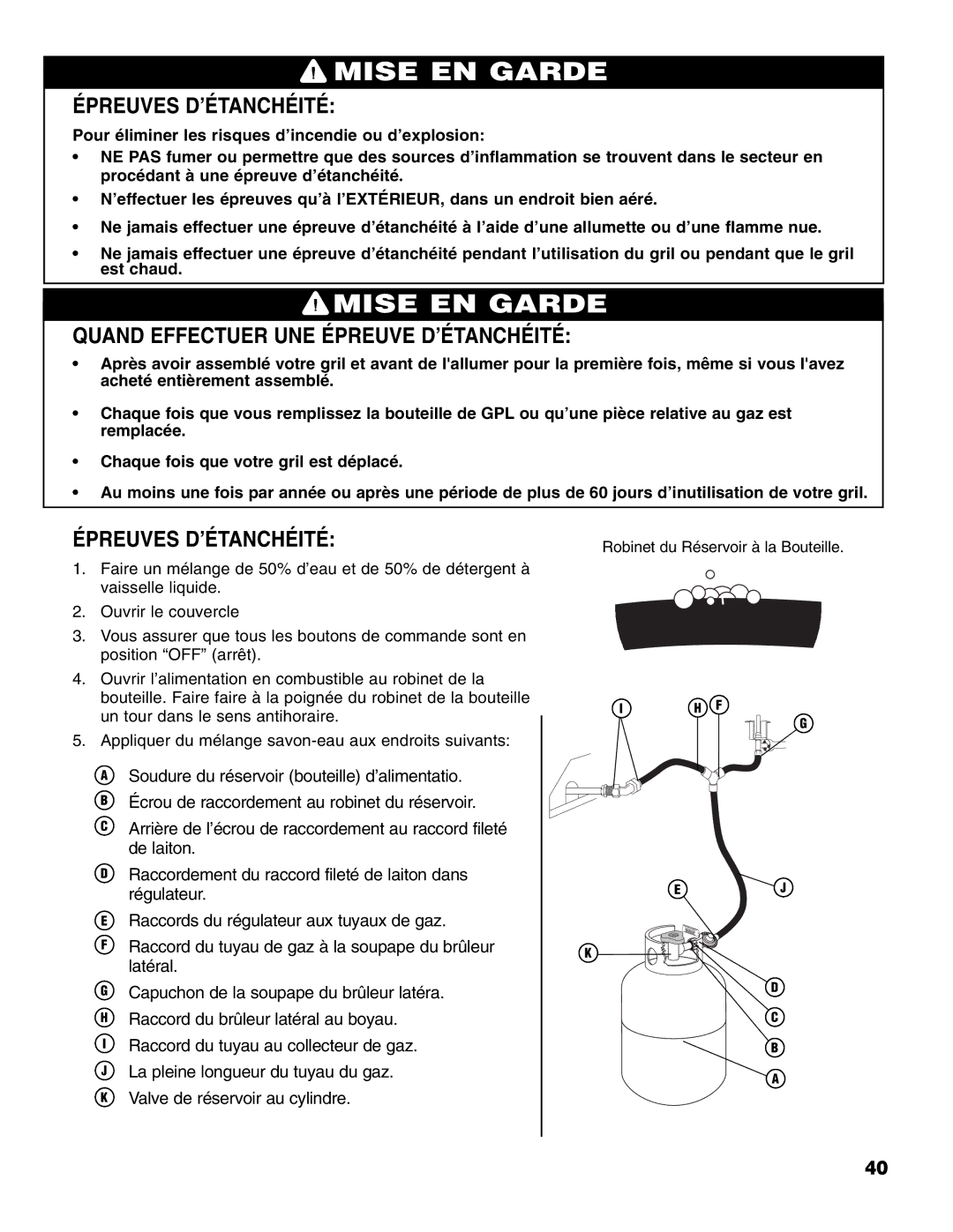 Brinkmann 4 Burner Gas Grill Grill owner manual Épreuves D’ÉTANCHÉITÉ, Quand Effectuer UNE Épreuve D’ÉTANCHÉITÉ 