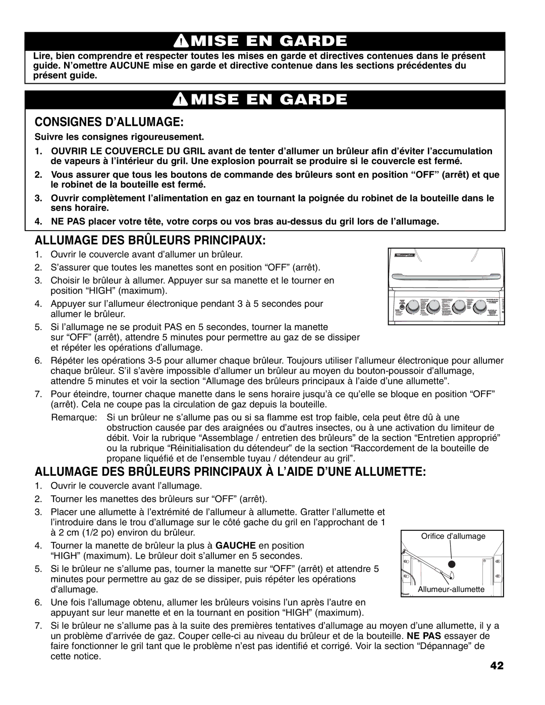 Brinkmann 4 Burner Gas Grill Grill owner manual Consignes D’ALLUMAGE, Allumage DES Brûleurs Principaux 