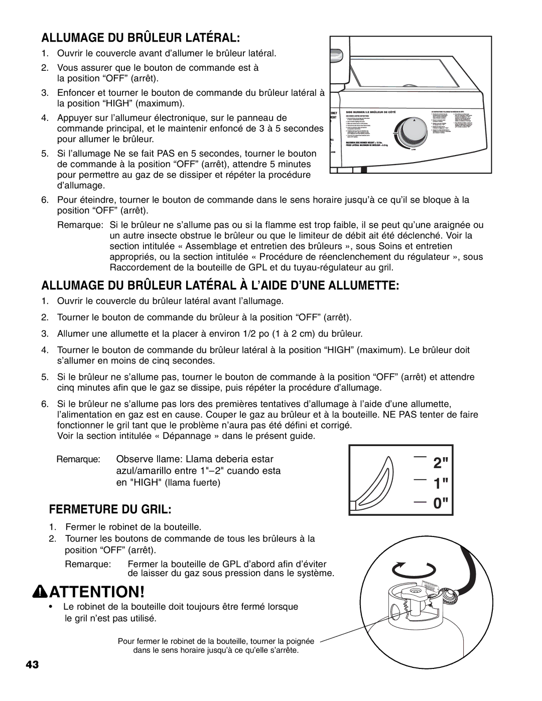 Brinkmann 4 Burner Gas Grill Grill owner manual Allumage DU Brûleur Latéral À L’AIDE D’UNE Allumette, Fermeture DU Gril 