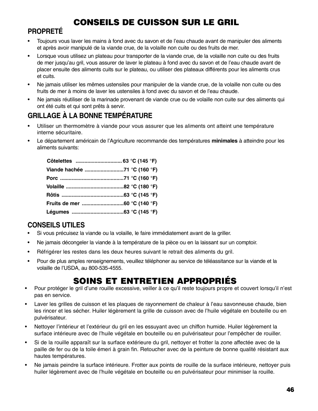 Brinkmann 4 Burner Gas Grill Grill owner manual Propreté, Grillage À LA Bonne Température, Conseils Utiles 