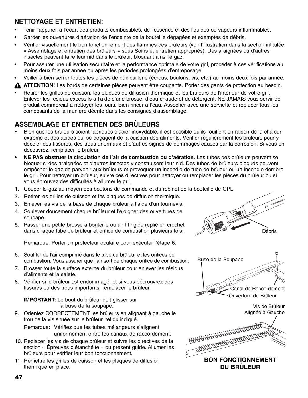 Brinkmann 4 Burner Gas Grill Grill owner manual Nettoyage ET Entretien, Assemblage ET Entretien DES Brûleurs 