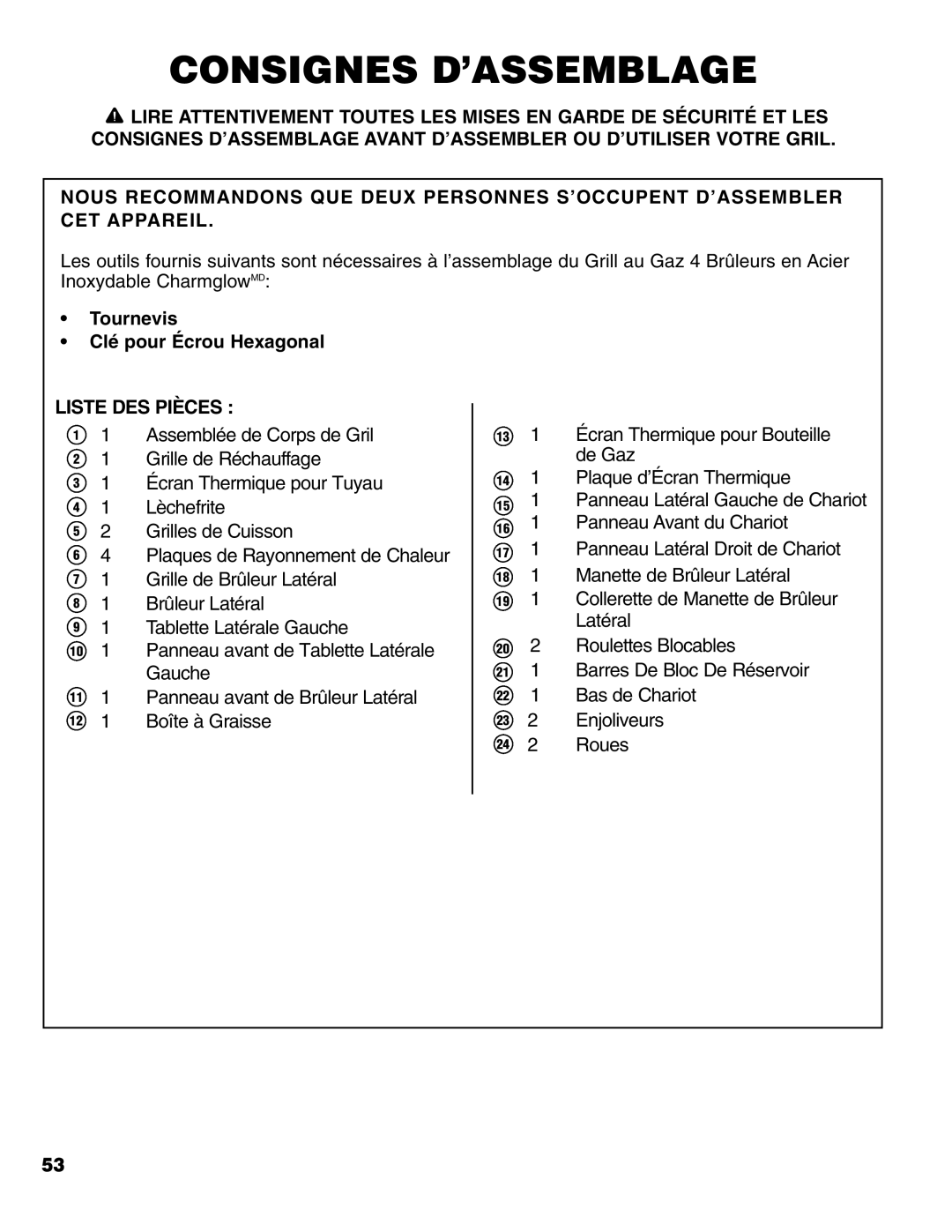 Brinkmann 4 Burner Gas Grill Grill owner manual Consignes D’ASSEMBLAGE, Liste DES Pièces 