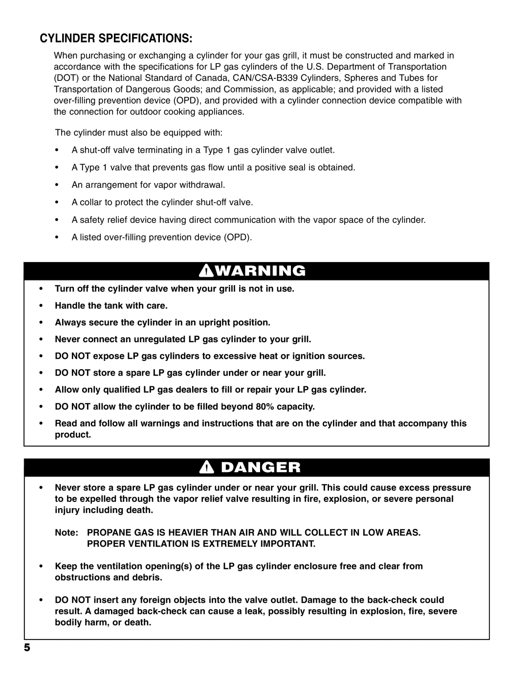 Brinkmann 4 Burner Gas Grill Grill owner manual Cylinder Specifications 