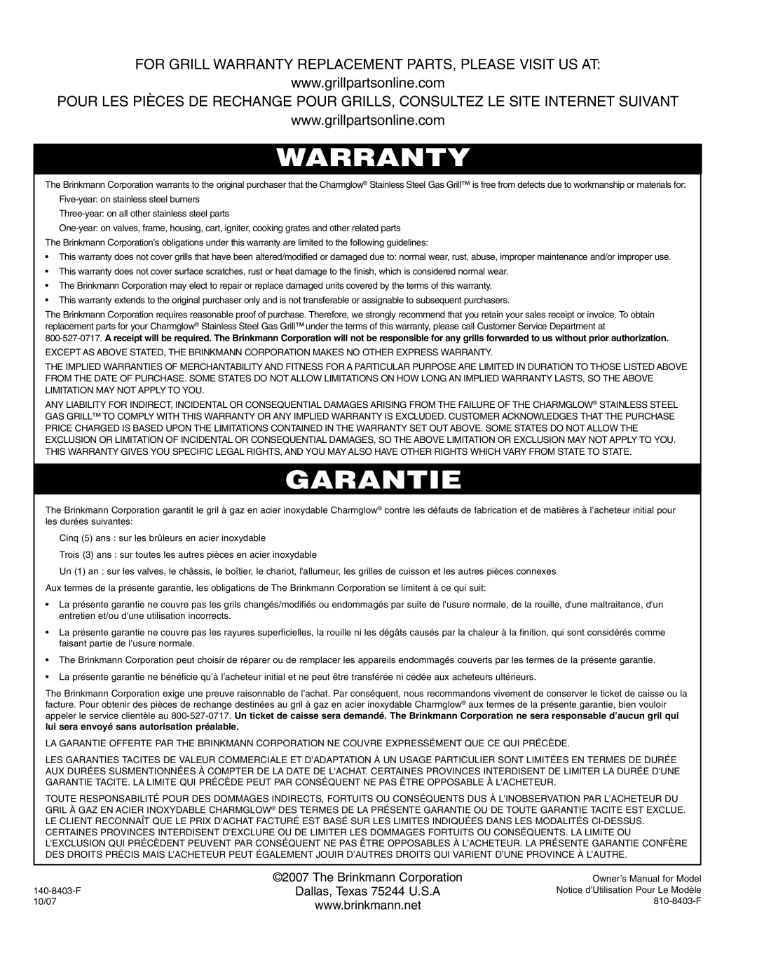 Brinkmann 4 Burner Gas Grill Grill owner manual Warranty 